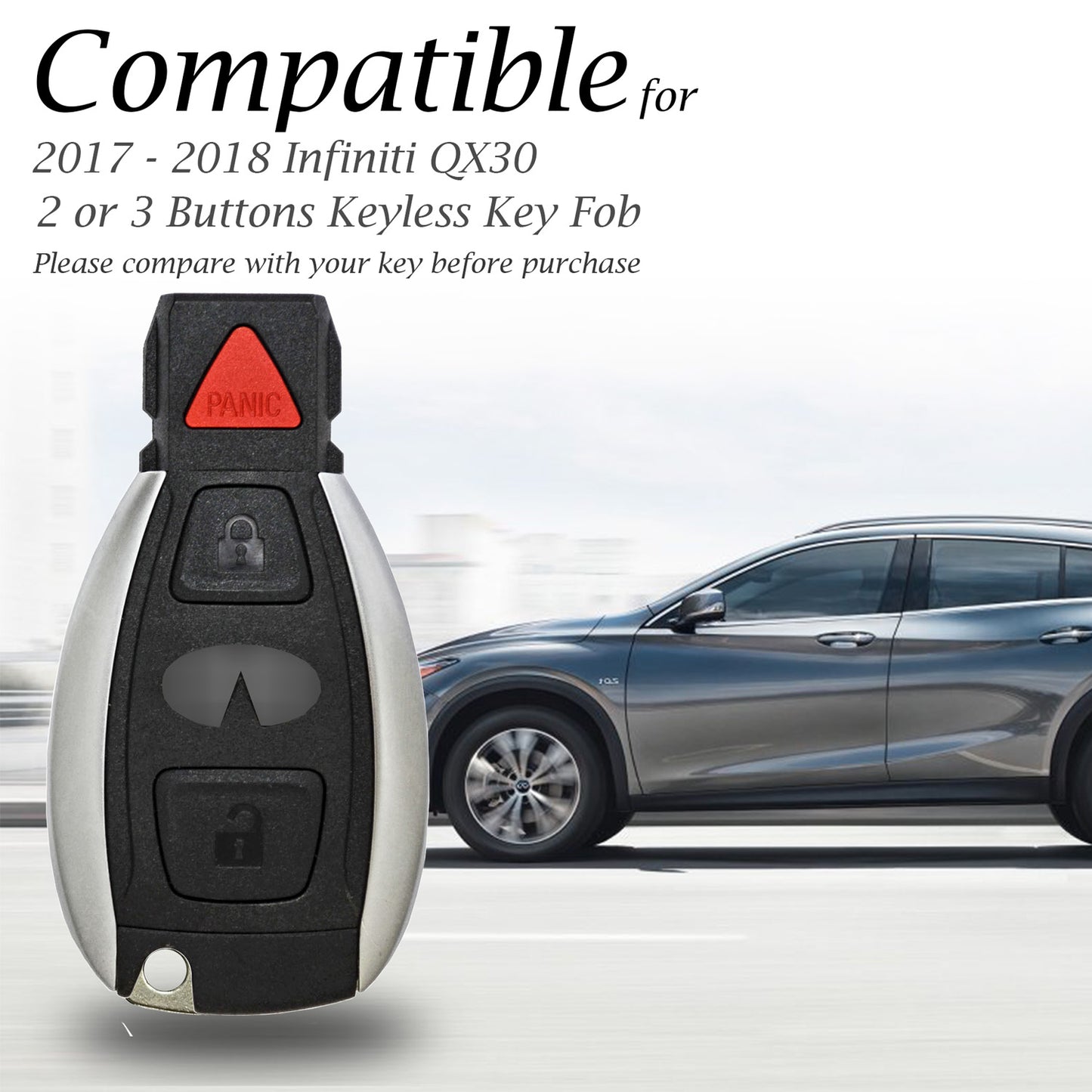 Vitodeco Genuine Leather Smart Key Fob Case Cover Protector with Key Chain Clip - Compatible for Infiniti QX30 (2017 - 2018 Models) - 2 or 3 Buttons