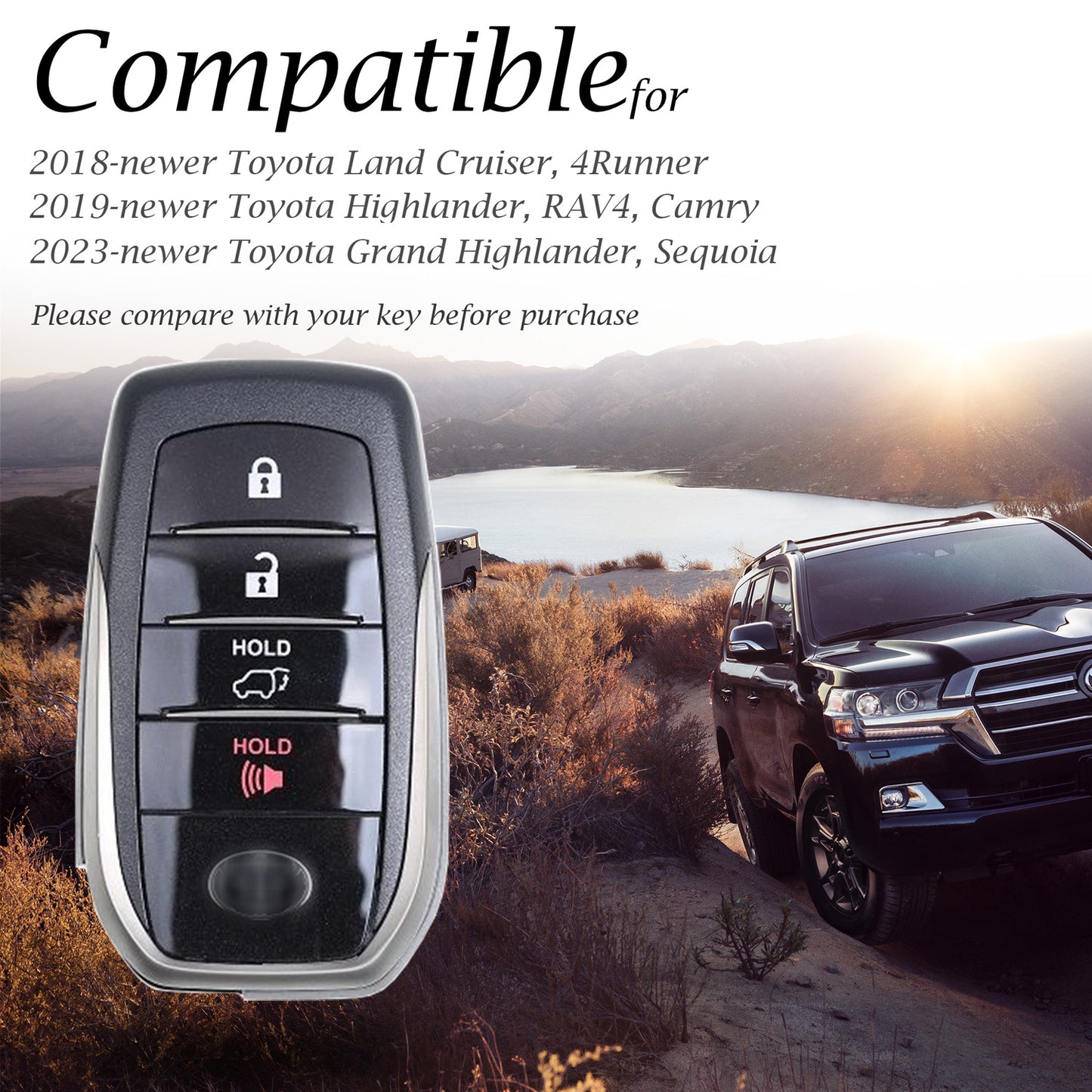 Vitodeco Genuine Leather Smart Key Fob Case Compatible with Land Cruiser, 4Runner, Highlander, RAV4, Camry, Grand Highlander, Sequoia (2019 - 2026 Models) - 4-Button