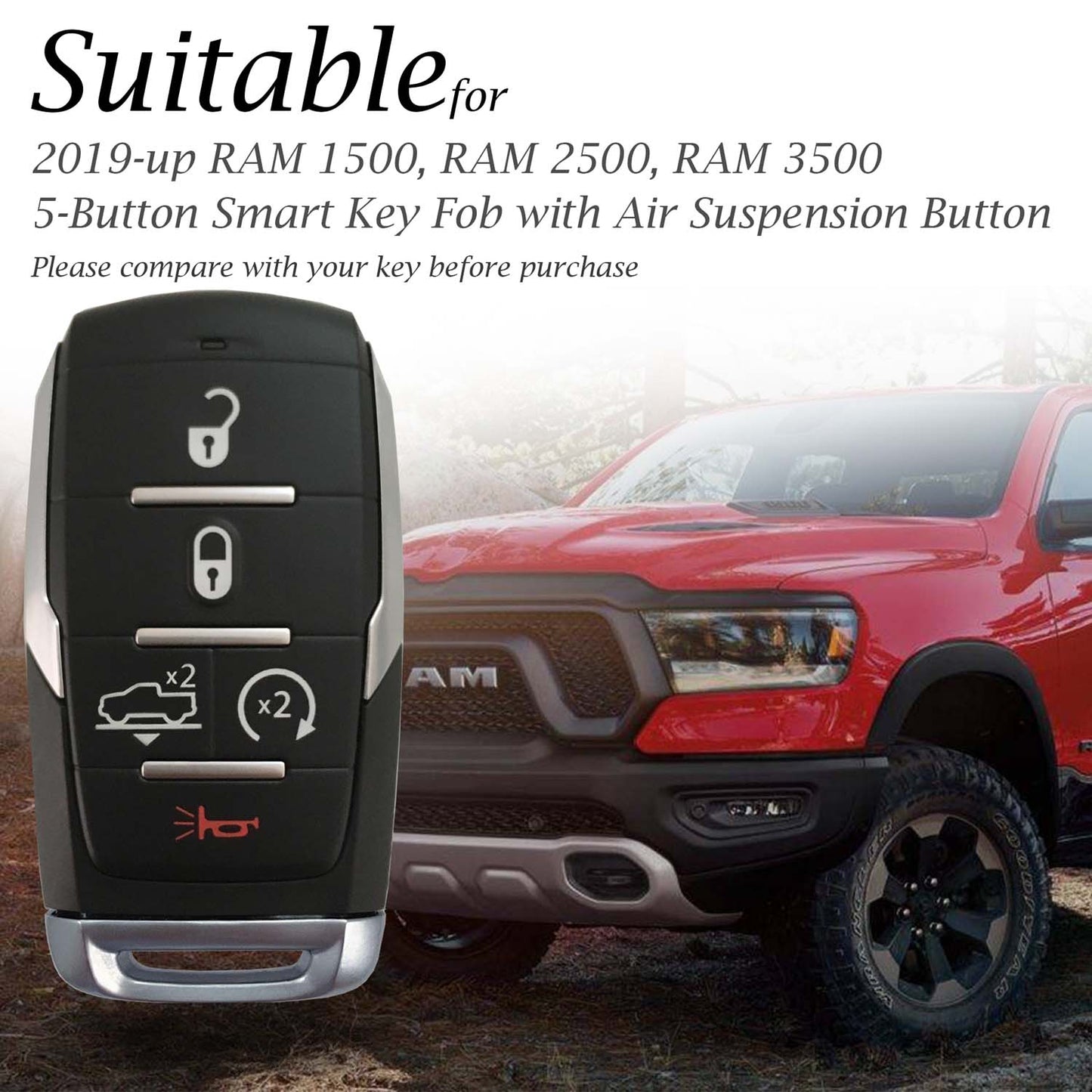 Vitodeco Key Fob Case Cover Protector Compatible with RAM 1500, RAM 2500, RAM 3500 2019 - 2024 (Air Suspension)