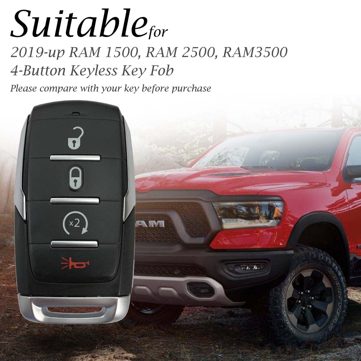 Vitodeco 4-Button Genuine Leather Smart Key Fob Case Cover Protector Compatible with RAM 1500, RAM 2500, RAM 3500 2019 - 2024