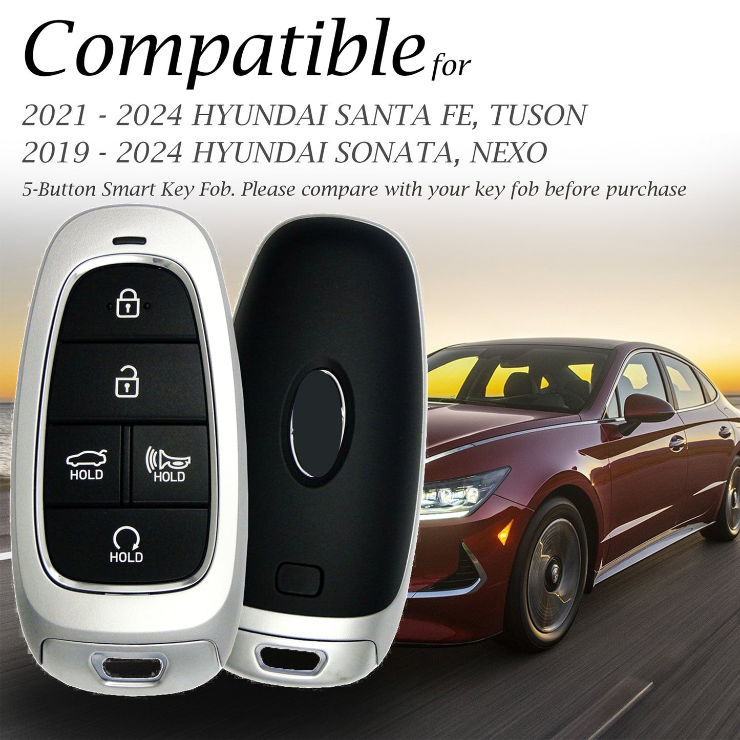 Vitodeco Leather Smart Key Fob Case Cover Protector Compatible with Tucson, Santa FE, Sonata, Nexo (2019 - 2024 Models) - 5-Button