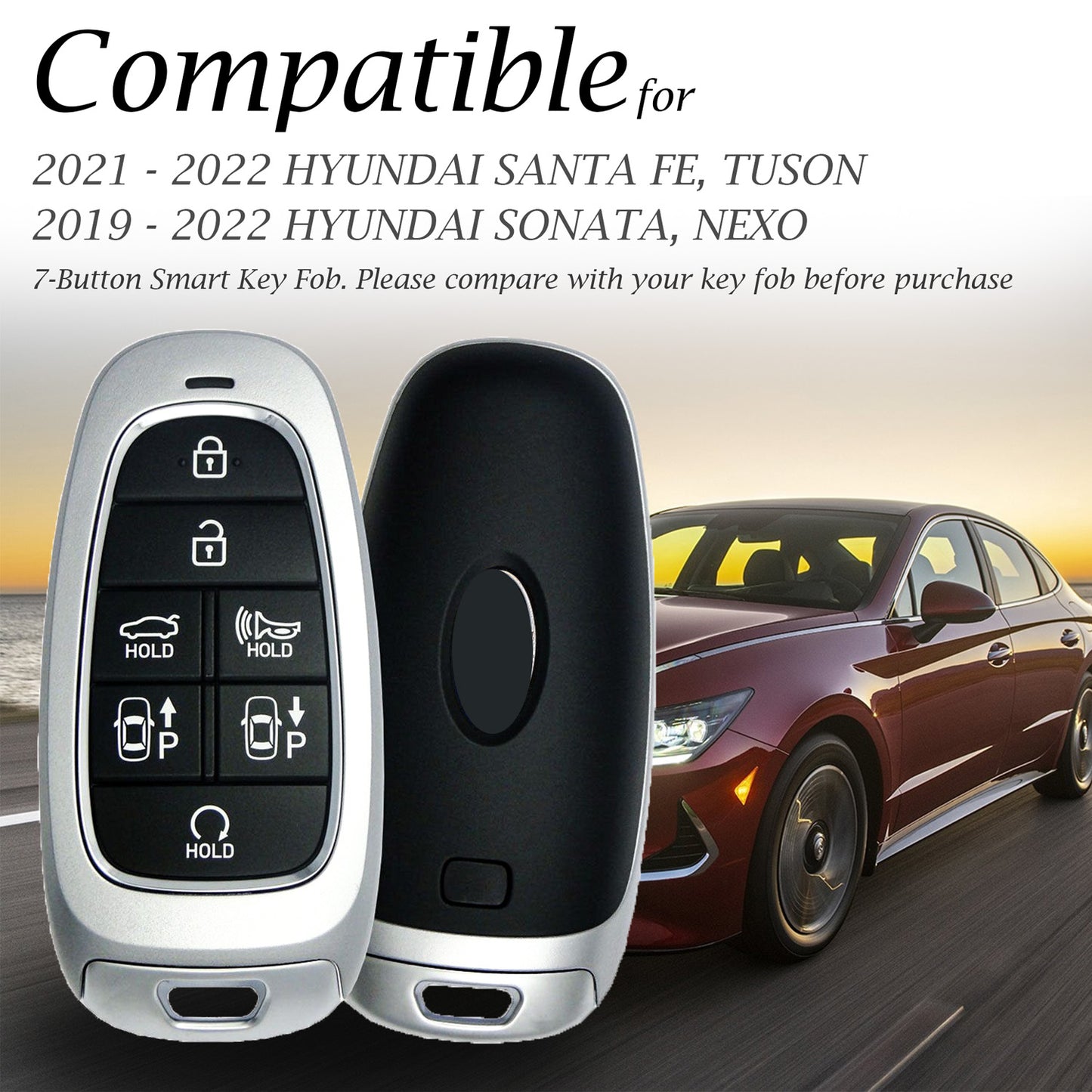 Vitodeco Leather Smart Key Fob Case Cover Protector Compatible with Tucson, Santa FE, Sonata, Nexo (2019 - 2024 Models) - 7-Button