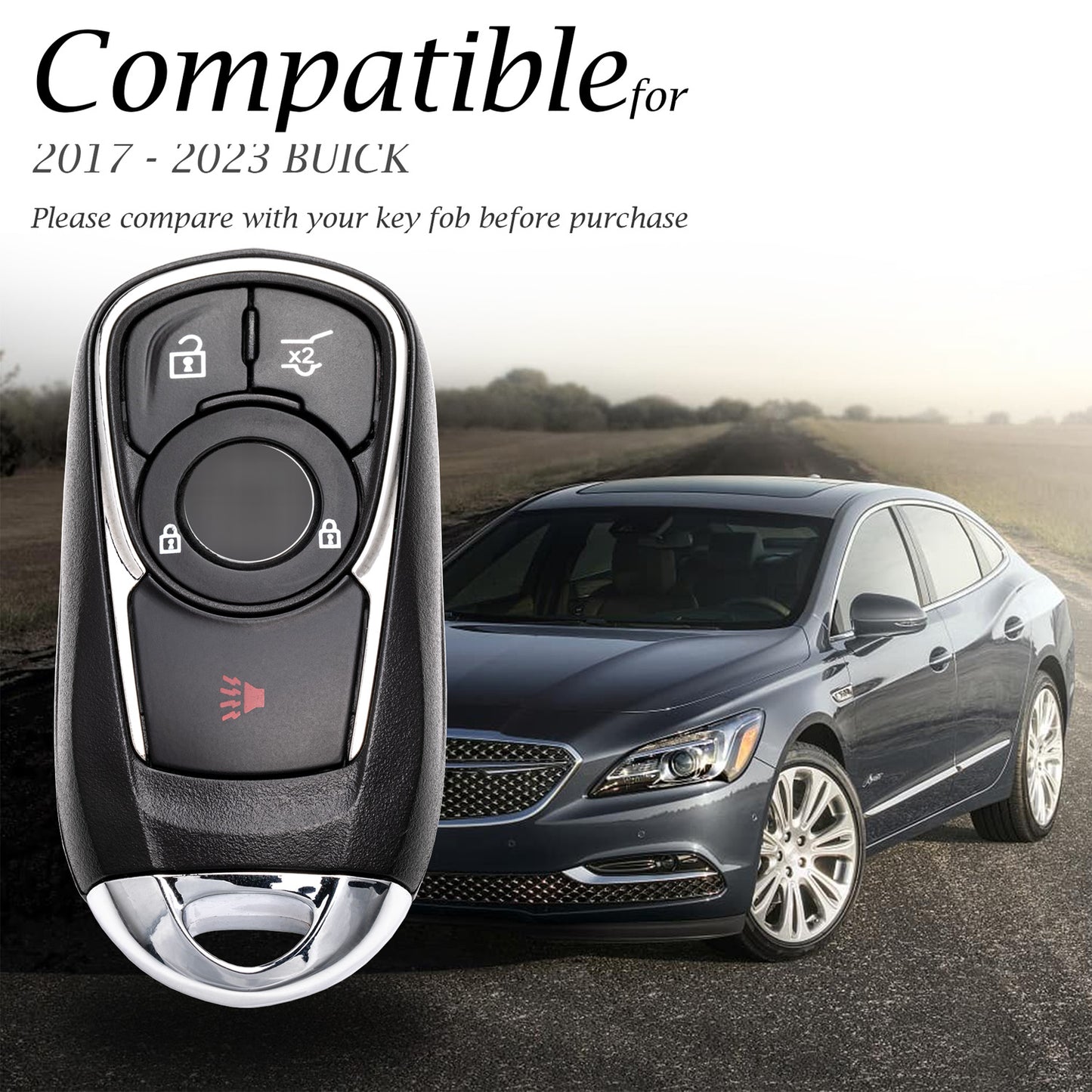 Vitodeco Genuine Leather Smart Key Fob Case Cover Protector Compatible with Buick (2017-2023 Models) - 4 Buttons