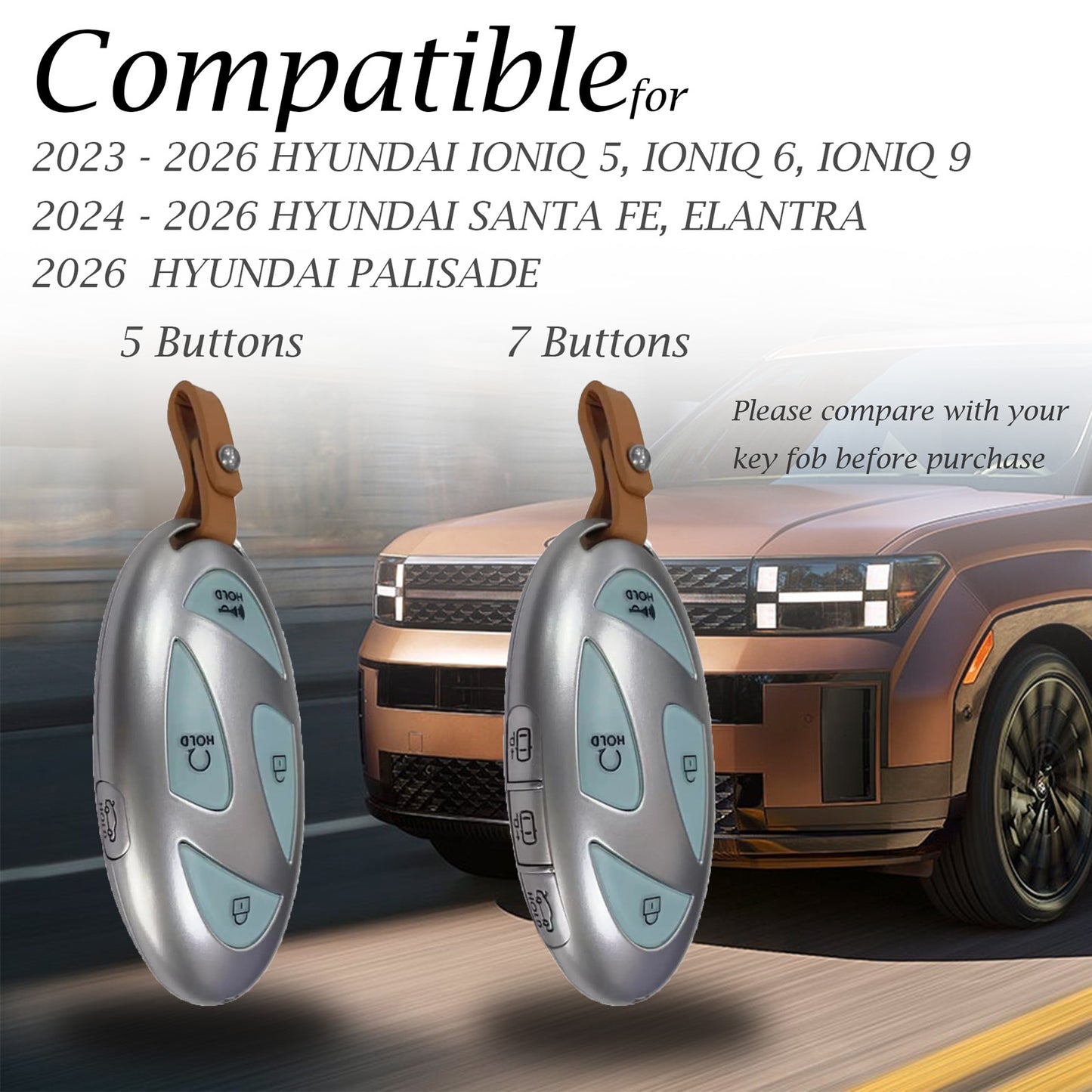 Vitodeco Superior 3D Premium Leather Remote Key Fob Case Cover Protector Compatible with Hyundai Santa Fe, Palisade, Elantra, IONIQ 5, IONIQ 6, IONIQ 9