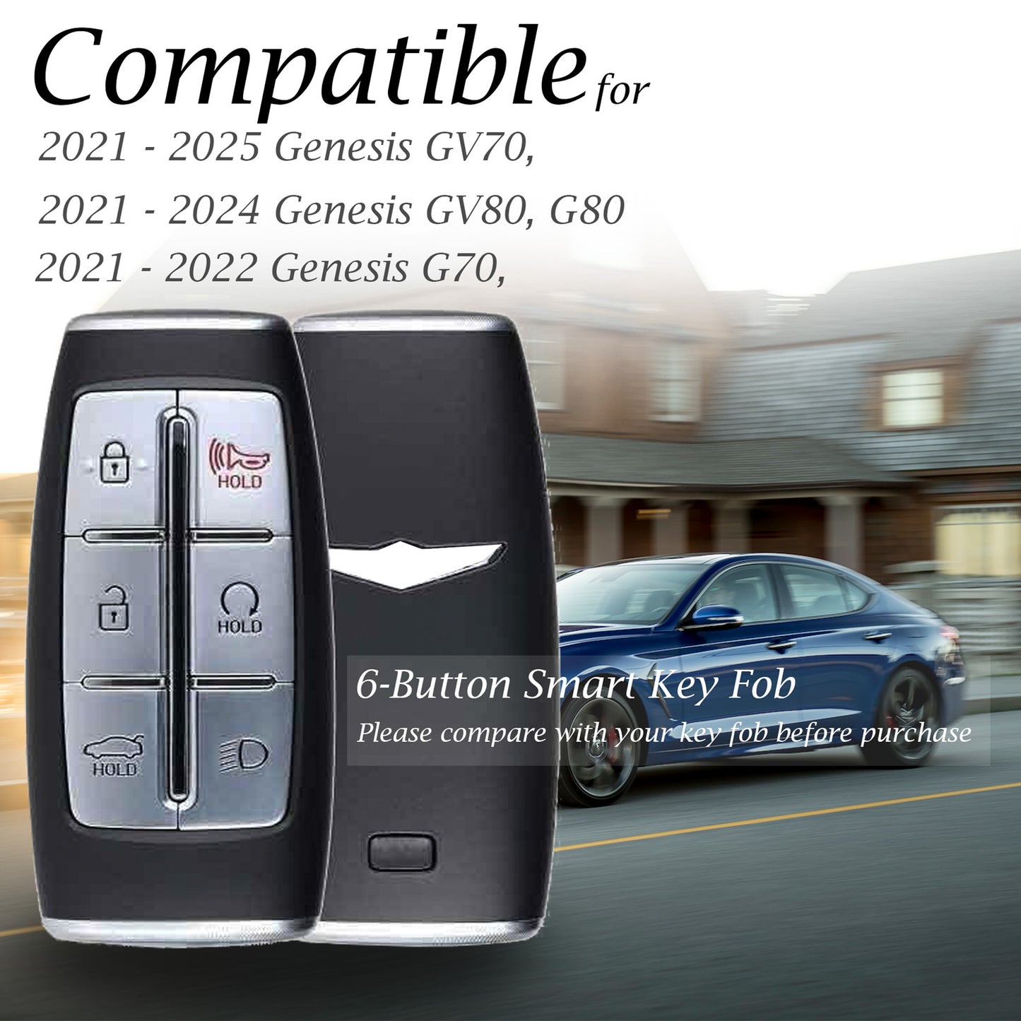 Vitodeco Leather Smart Key Fob Case Cover Protector Compatible with Genesis GV70, GV80, G70, G80 (2021 - 2025 Models) - 6-Button