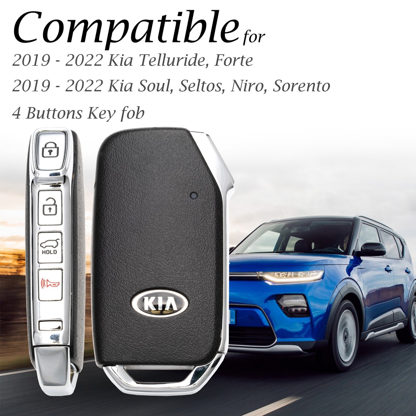 Vitodeco Genuine Leather Smart Key Fob Case Cover Protector for Kia Soul, Seltos, Sportage, Niro, Sorento, Telluride (2019-2022 Models) - 4 Buttons