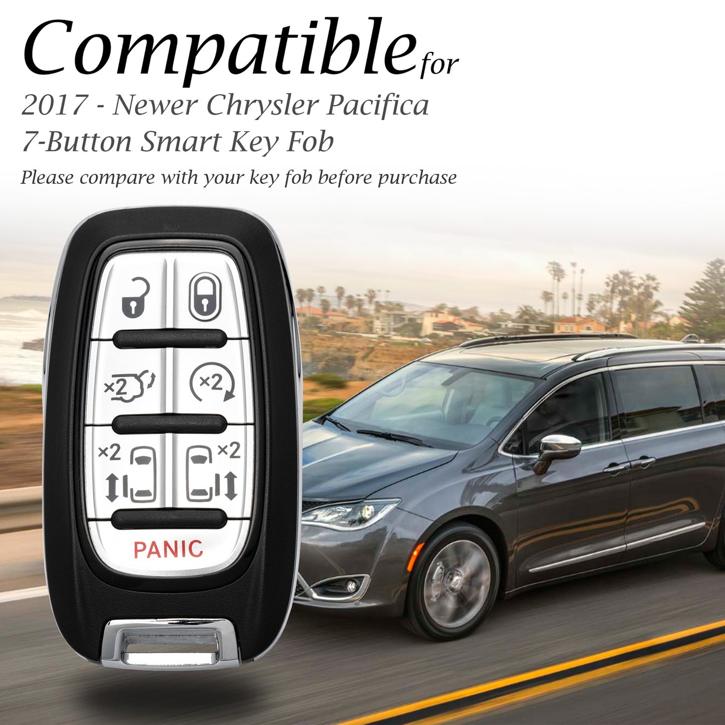 Vitodeco Genuine Leather Smart Key Fob Case Cover Protector with Leather Key Clap Compatible for Chrysler Pacifica 2017 - 2026, 7-Button