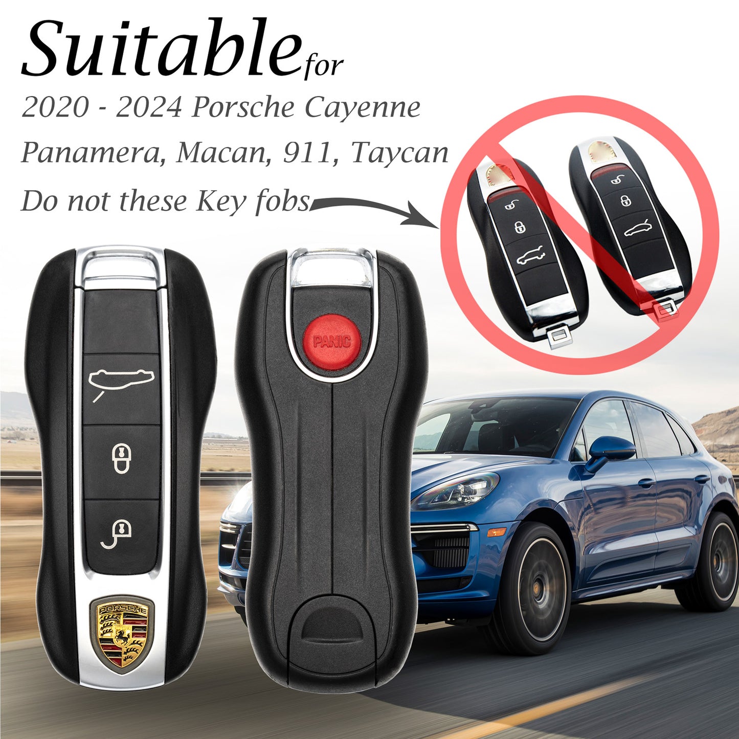 Vitodeco Genuine Leather Smart Key Fob Case Cover Protector with Leather Key Strap Compatible for 2020 - 2025 Porsche Cayenne, Macan, Panamera, 718, 911