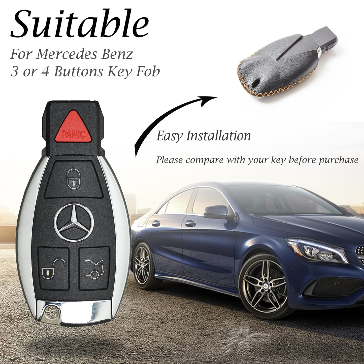 Vitodeco Leather Key Fob Case Compatible for Mercedes-Benz C E S M CLS CLK GLK GL Class, 4-Button