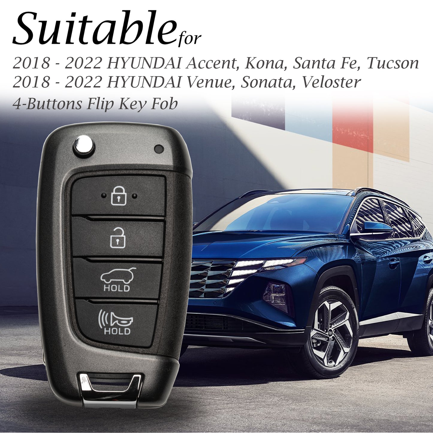 Vitodeco Leather Key Fob Case Compatible for Hyundai Accent, Kona, Santa Fe, Tucson, Venue, Sonata, Veloster 2018-2022, 4-Button