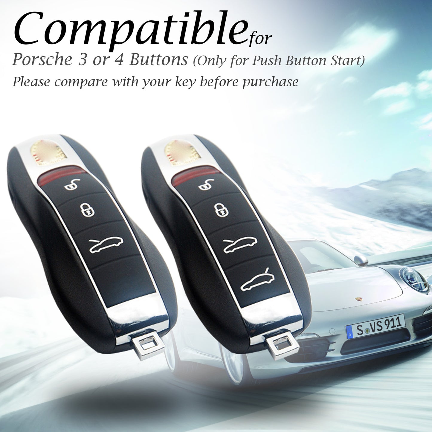 Vitodeco Genuine Leather Smart Key Fob Case with Leather Key Strap Compatible for Porsche 911, Cayenne, Macan, Panamera, Cayman, Boxster (2010 - 2022 Models), 4-Button