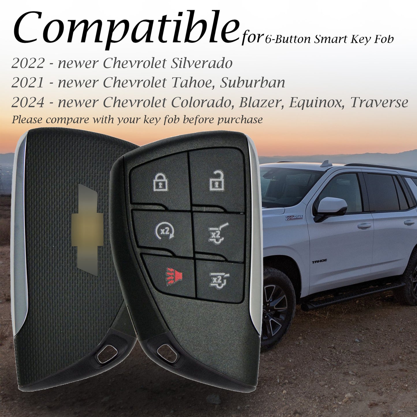 Vitodeco Leather Smart Key Fob Case Cover Protector Compatible with Chevrolet Silverado, Colorado, Suburban, Tahoe, Blazer, Equinox, Traverse - 6-Button