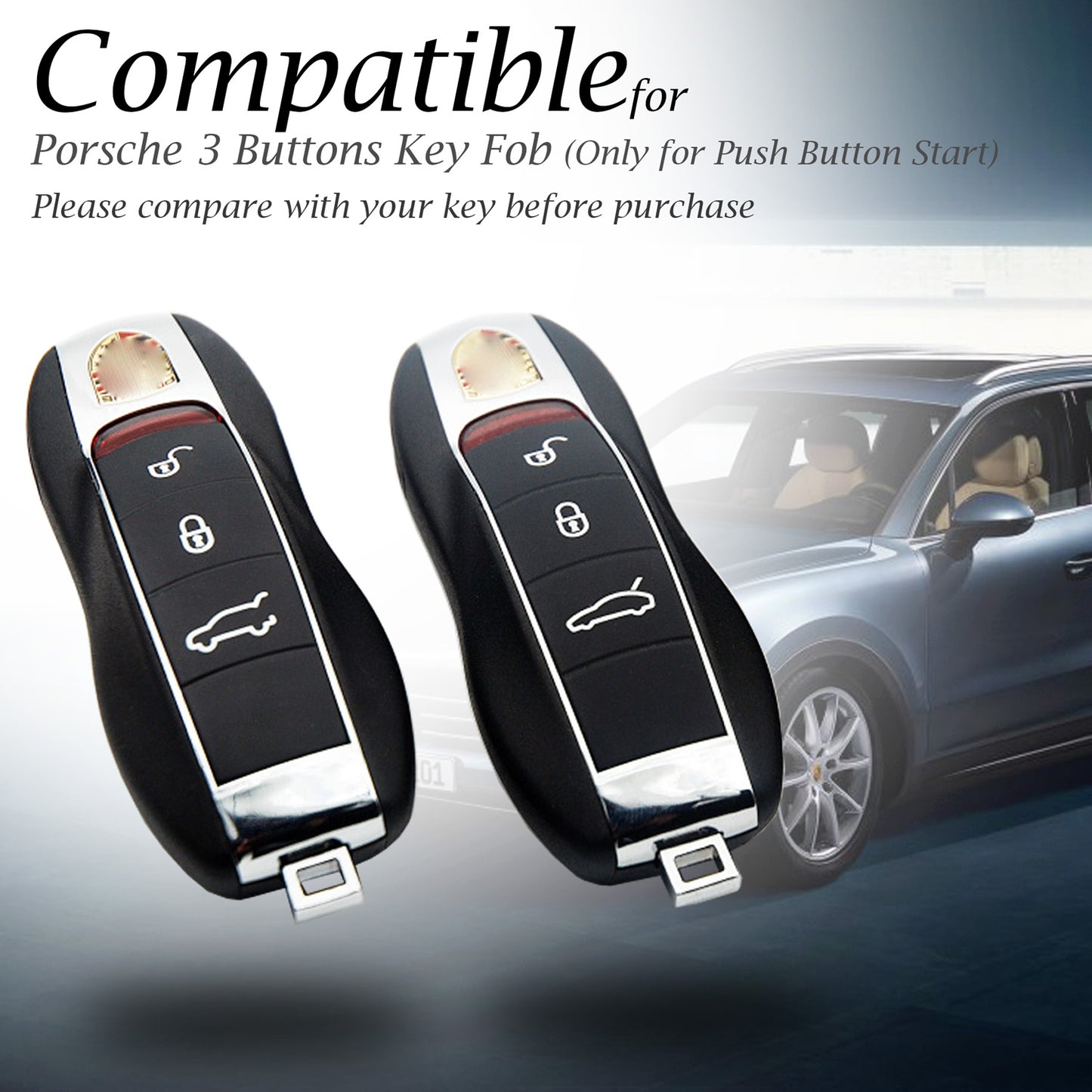 Vitodeco Genuine Leather Smart Key Fob Case with Leather Key Strap Compatible for Porsche 911, Cayenne, Macan, Panamera, Cayman, Boxster (2010 - 2022 Models) - 3 Buttons