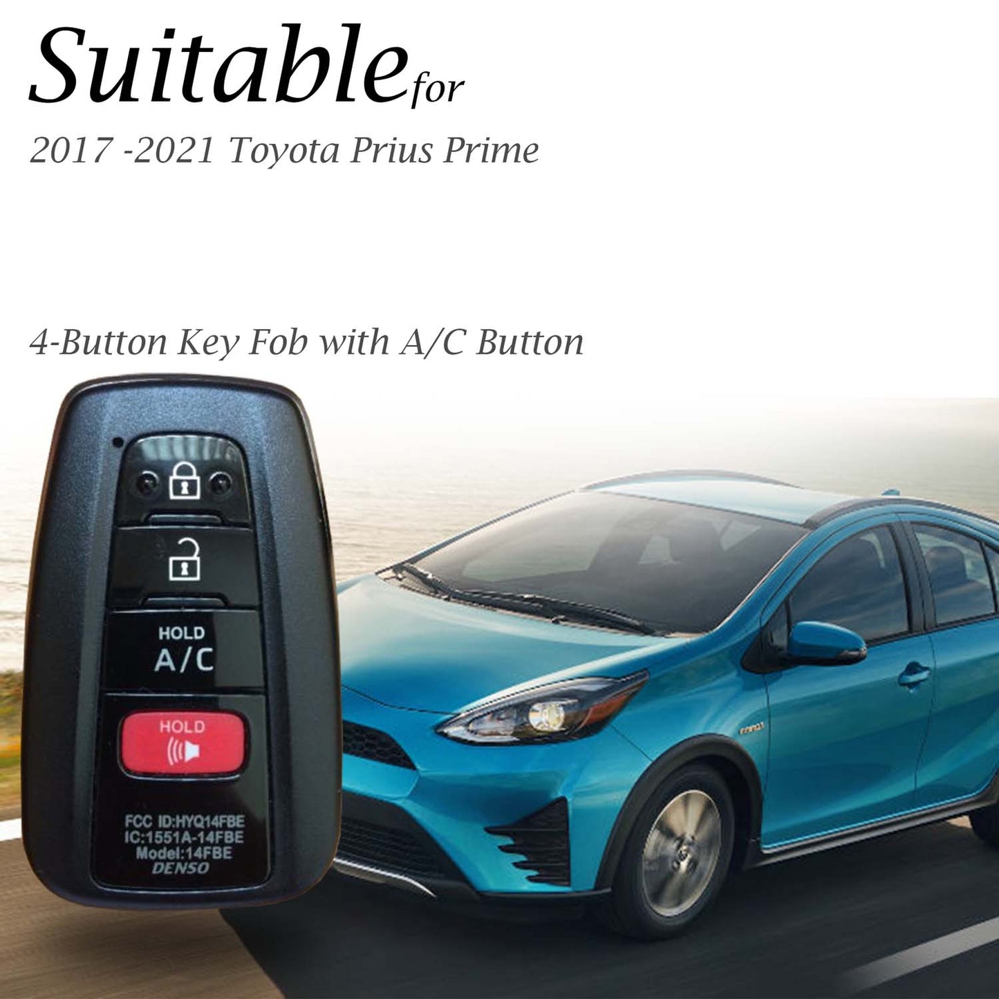 Vitodeco Genuine Leather Smart Key Fob Case Cover Protector - Compatible with Toyota Prius Prime (2017 - 2021 Models) - 4 Buttons with A/C