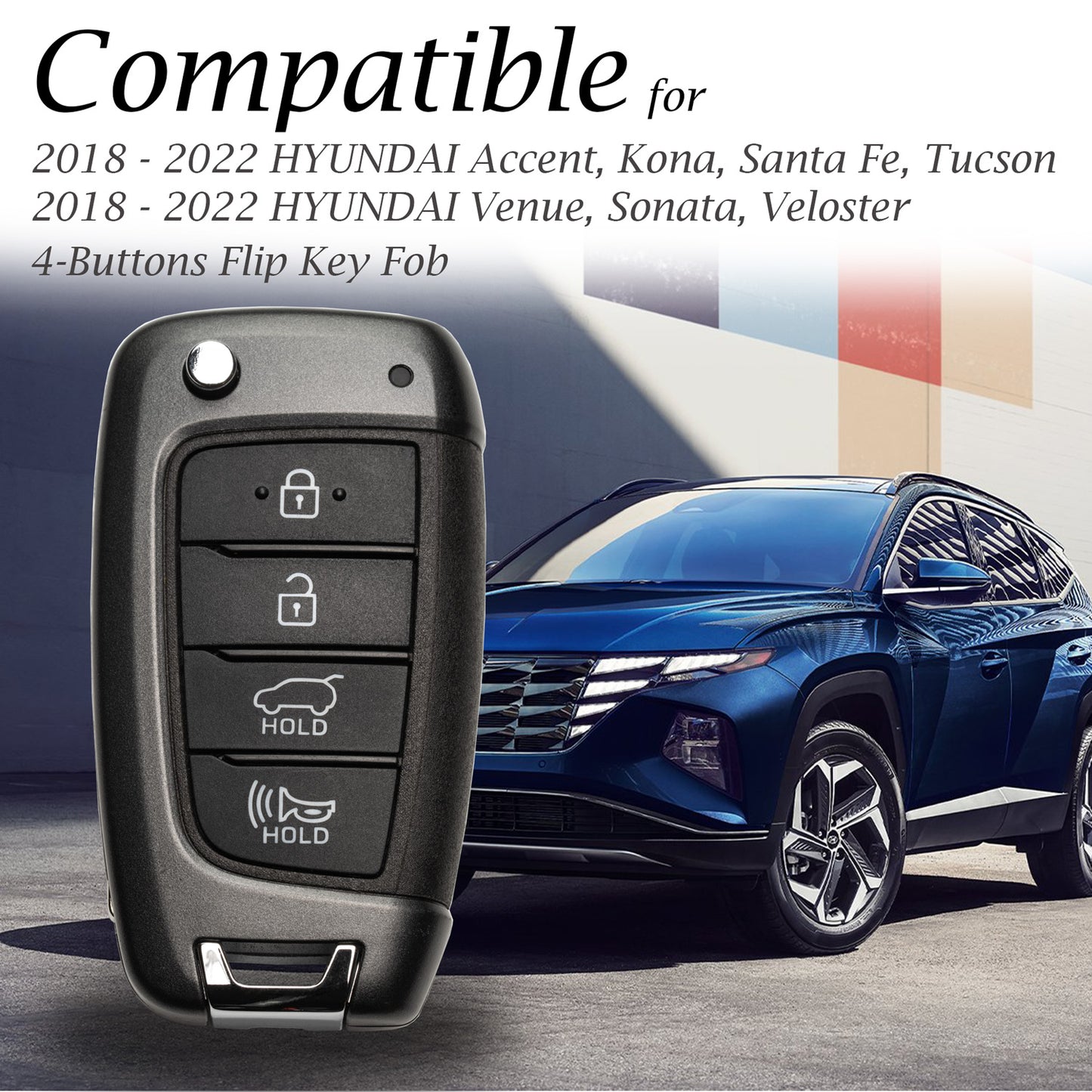 Vitodeco Genuine Leather Flip Key Fob Case Cover Compatible with Hyundai Accent, Kona, Santa Fe, Tucson, Venue, Sonata, Veloster (2018 - 2022 Models) - 4-Button