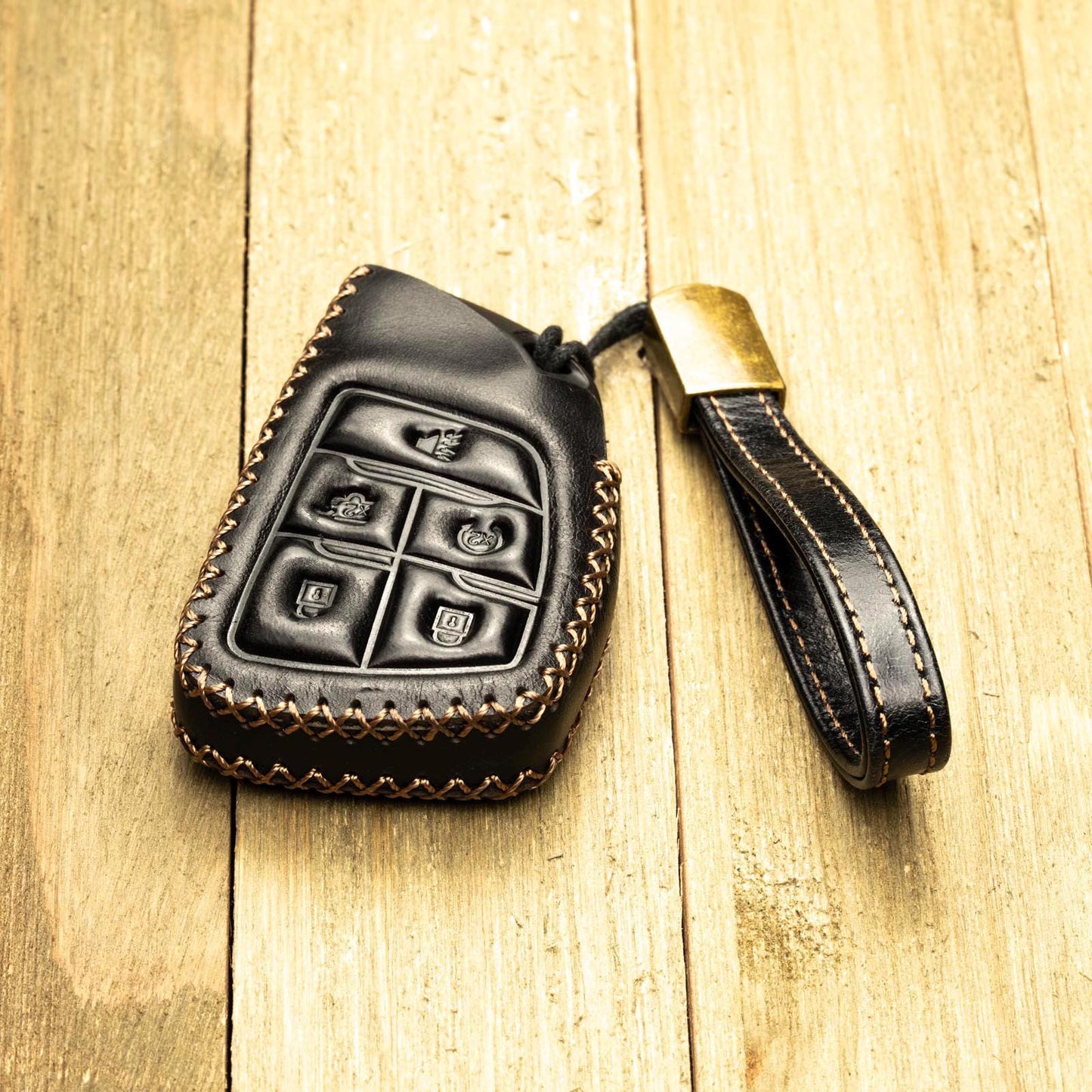 Genuine Cowhide Leather Key Fob Case for Chevrolet: Suburban, Tahoe, Silverado, 5-Button Smart Key Protect