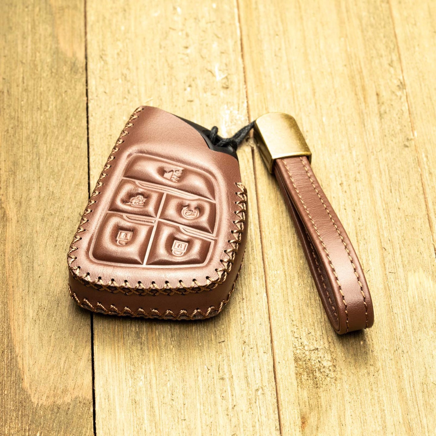 Genuine Cowhide Leather Key Fob Case for Chevrolet: Suburban, Tahoe, Silverado, 5-Button Smart Key Protect